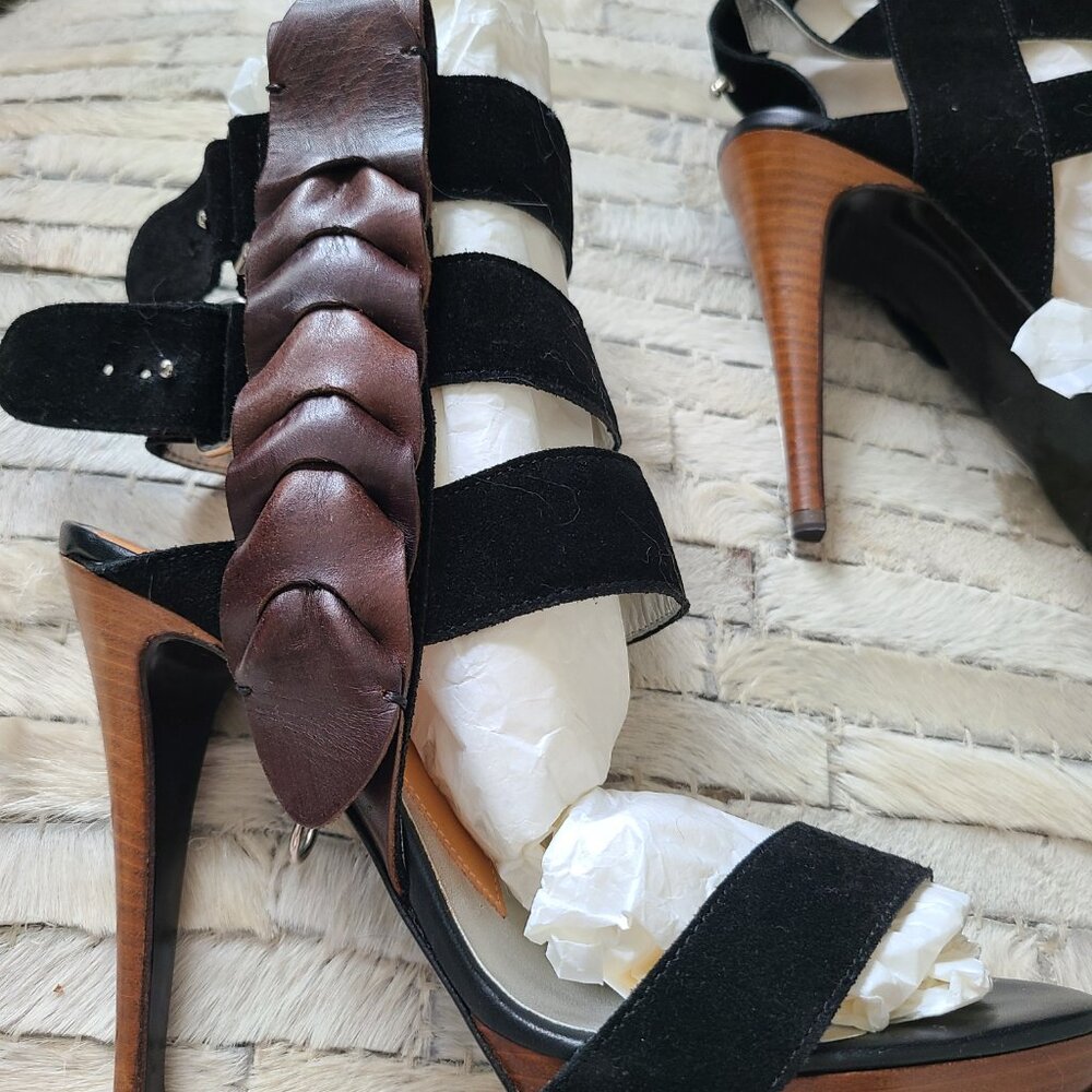 Braided Strap Black and Brown Suede High Heel Sandals - Picture 9 of 11
